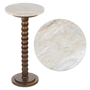 Monroe 24.25" Rustic Farmhouse Spindle Wood Drink Table and Decorative End Table with White Marble Round Top